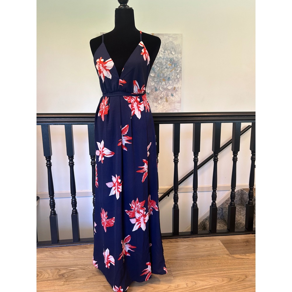 Simplee Navy Blue Red Floral V-Neck Backless Maxi Dress XS New